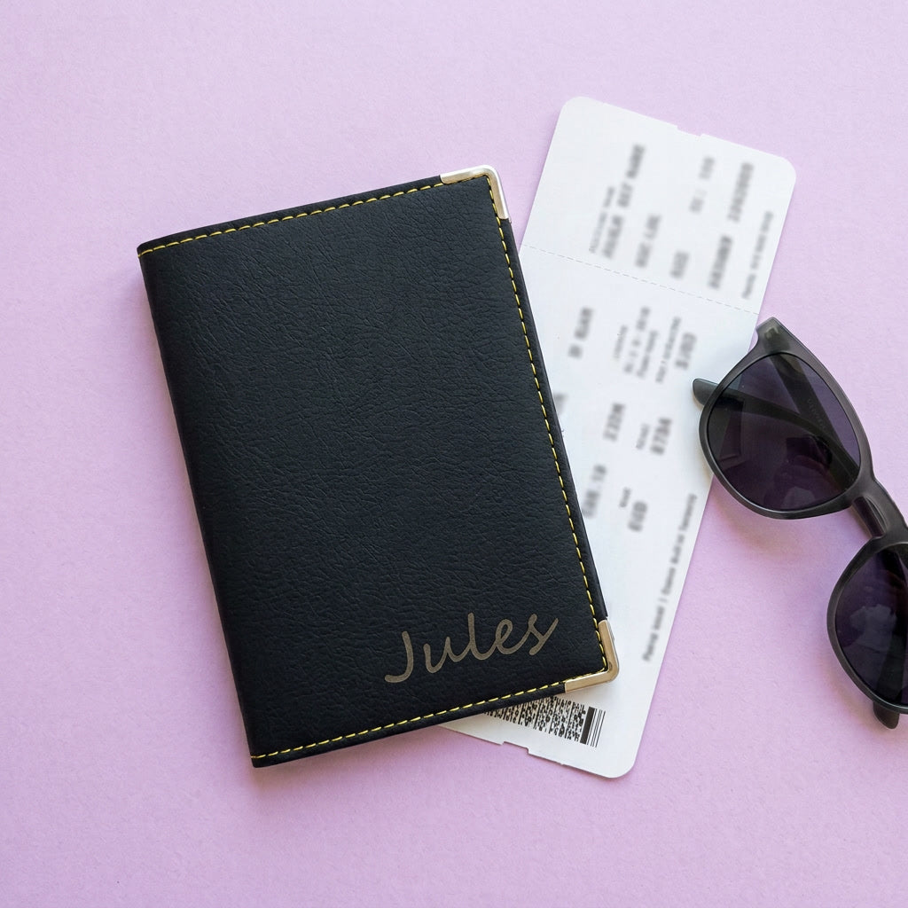 Mise en scène : protège-passeport gravé « Jules » avec lunettes de soleil