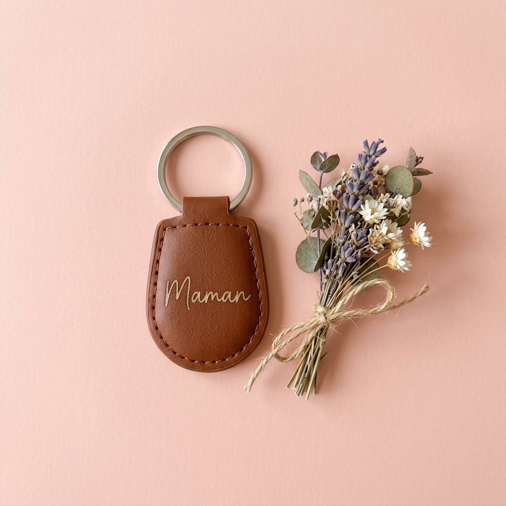 Mise en scène : porte-clés gravé « Maman » et fleurs séchées