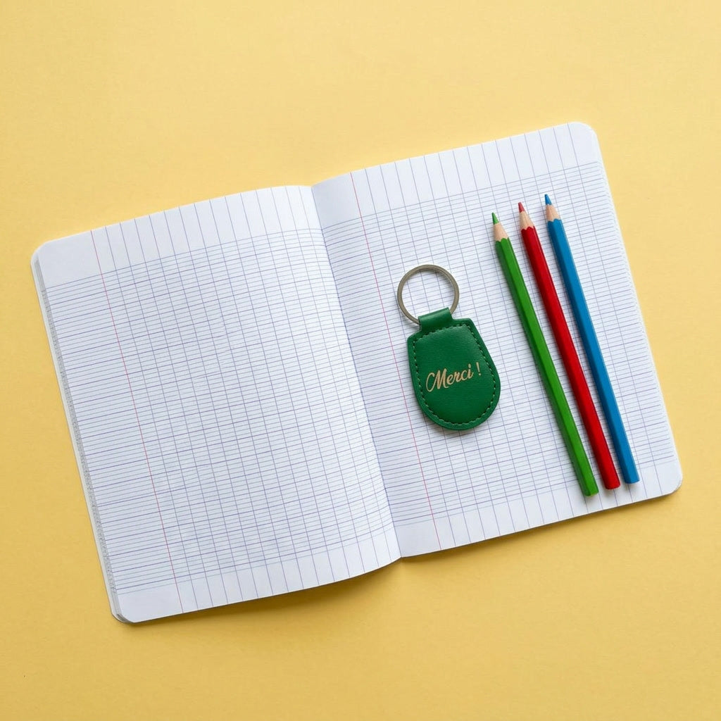 Mise en scène : porte-clés gravé « Merci ! » sur un cahier d'écolier