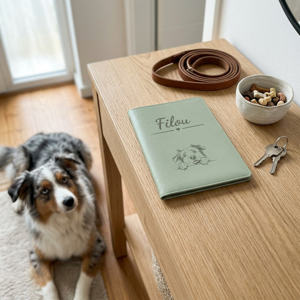 Protège carnet de santé chien Vert sauge gravé « Filou » avec le berger australien, sur une console d'entrée, un berger australien couché à côté (visuel de mise en scène)