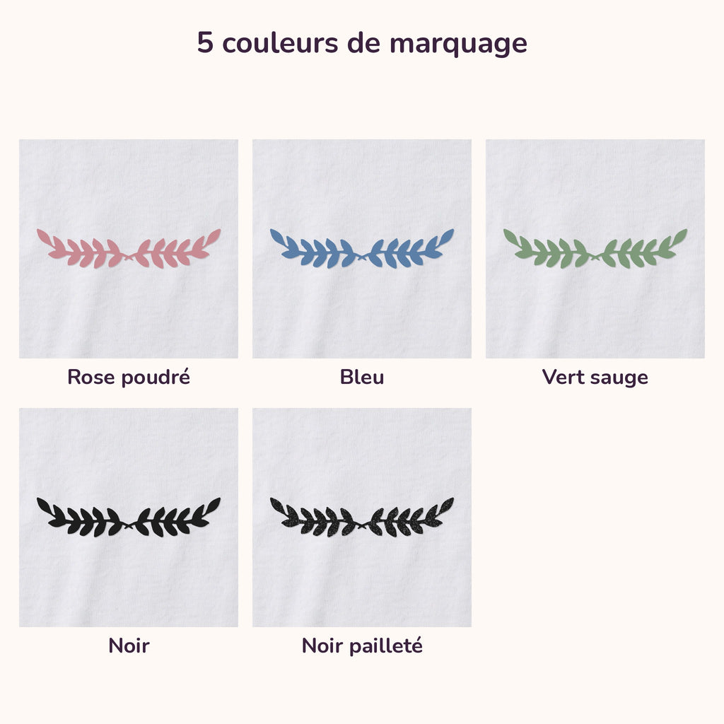Les 5 couleurs de marquage du body : rose poudré, bleu, vert sauge, noir, noir pailleté