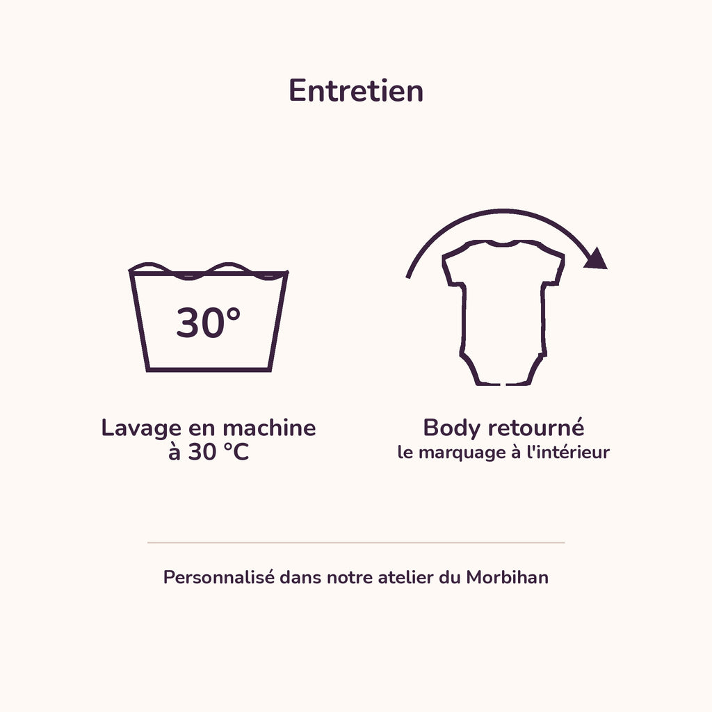 Entretien du body personnalisé : lavage en machine à 30 °C, body retourné