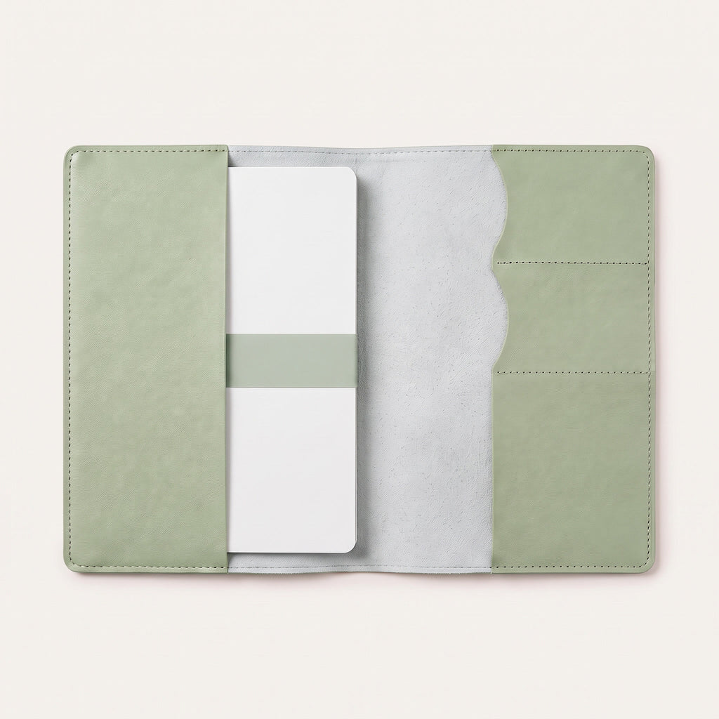 Protège carnet de santé chat personnalisé – Norvégien — ouvert avec un carnet glissé sous le rabat gauche (visuel de mise en scène, coloris Vert sauge)