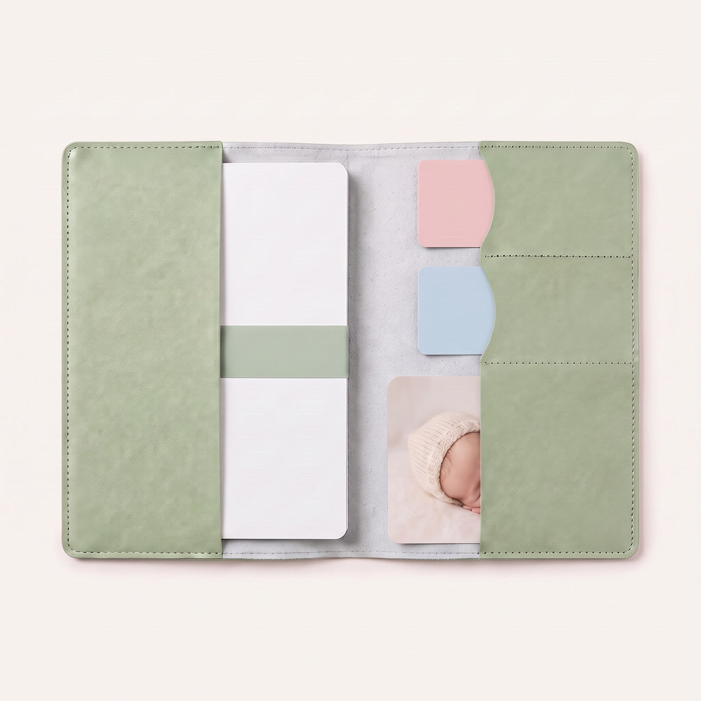 Protège carnet de santé bébé personnalisé – Lion à la crinière — ouvert avec le carnet et 3 cartes glissées dans les emplacements (visuel de mise en scène, coloris Vert sauge)