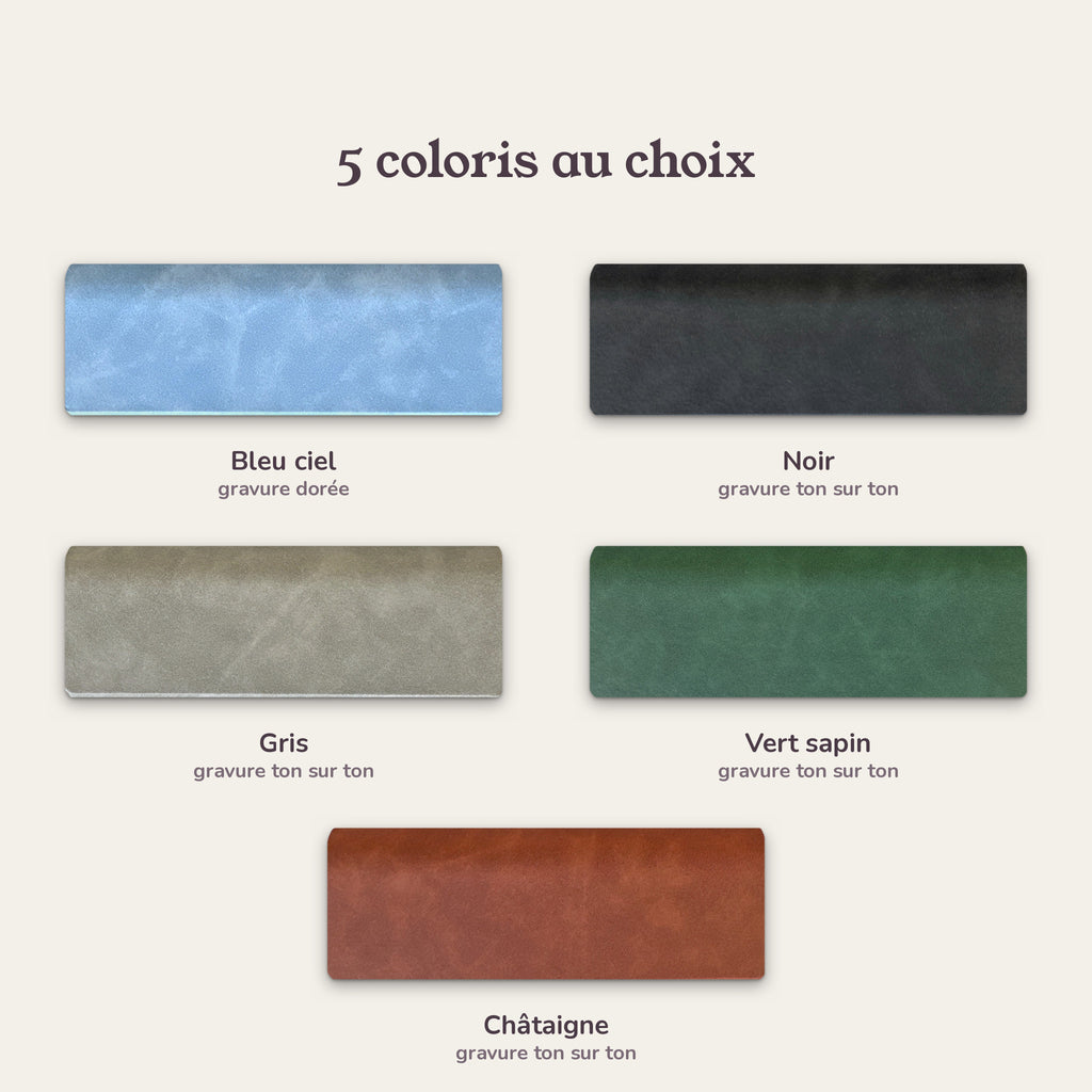 Étui à lunettes papy personnalisé, gravé — les 5 coloris : bleu ciel (gravure dorée), noir, gris, vert sapin, châtaigne (gravure ton sur ton)