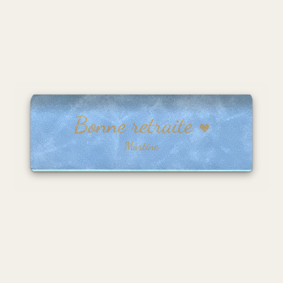 Étui à lunettes retraite personnalisé, gravé — Bleu ciel — gravure « Bonne retraite » / « Martine »