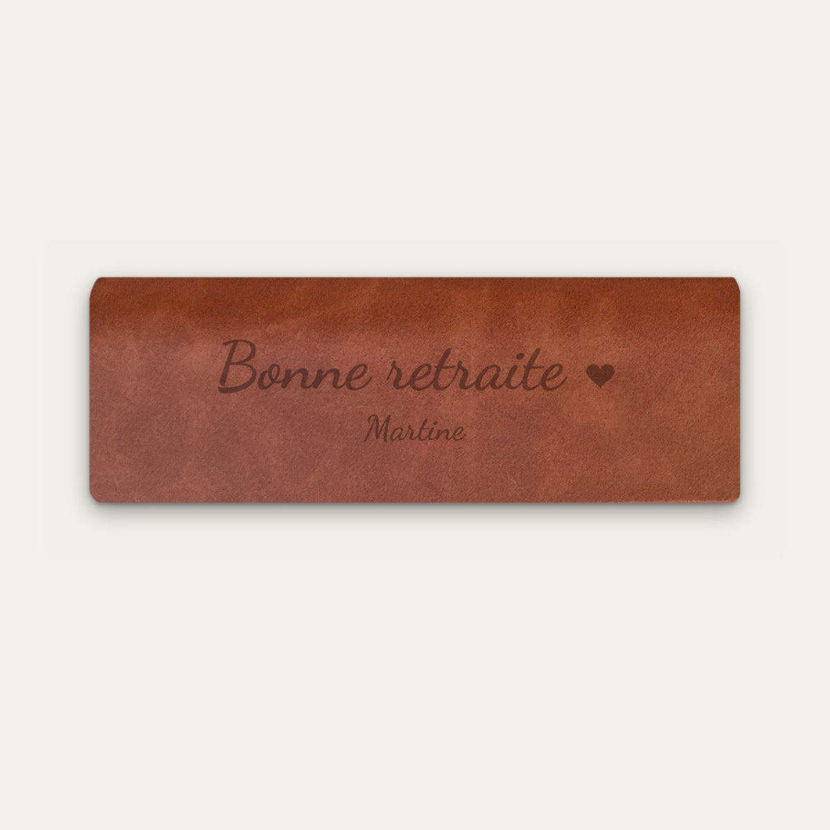 Étui à lunettes retraite personnalisé, gravé — Châtaigne — gravure « Bonne retraite » / « Martine »