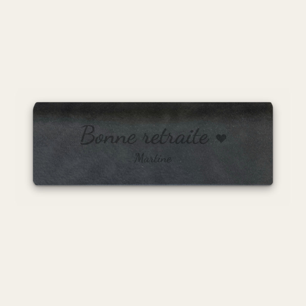 Étui à lunettes retraite personnalisé, gravé — Noir — gravure « Bonne retraite » / « Martine »