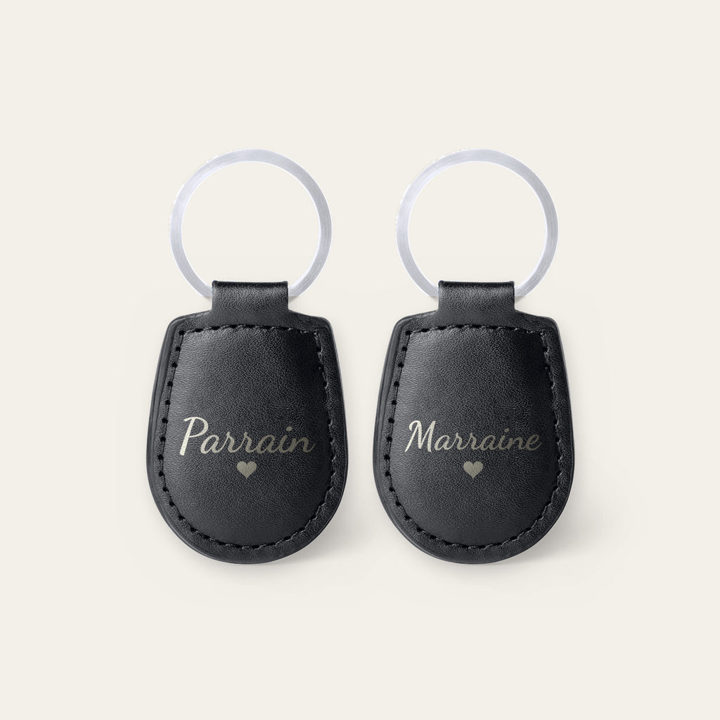 Lot de 2 porte-clés parrain et marraine, gravés — Noir — gravure « Parrain » et « Marraine »