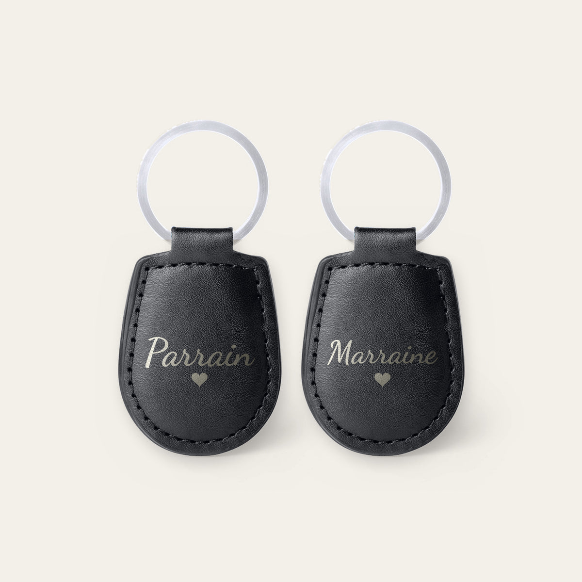Lot de 2 porte-clés parrain et marraine, gravés — Noir — gravure « Parrain » et « Marraine »