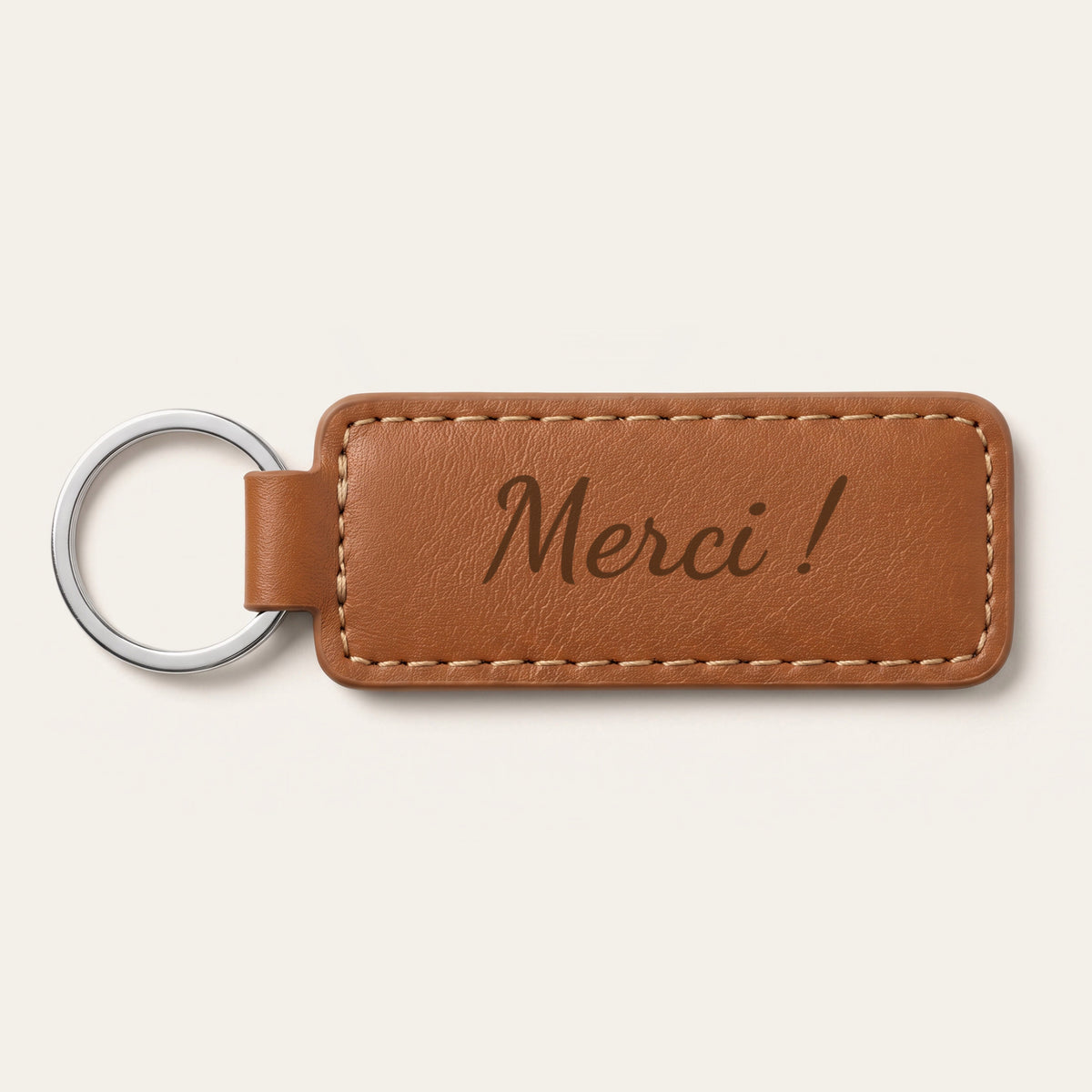 Porte-clés nounou personnalisé, gravé — rectangle, exemple de gravure au verso, en option : « Merci ! » (Caramel)