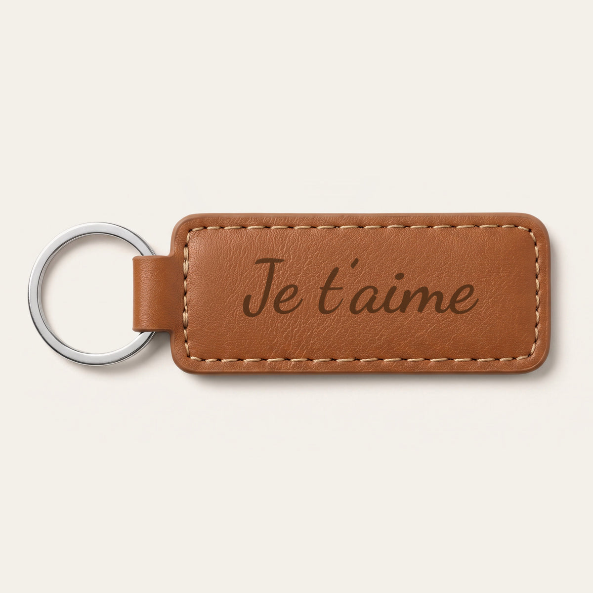Porte-clés papa personnalisé, gravé — rectangle, exemple de gravure au verso, en option : « Je t’aime » (Caramel)