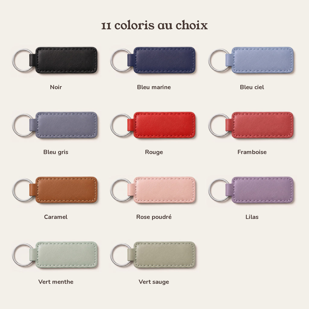 Porte-clés papa personnalisé, gravé — rectangle : les 11 coloris : noir, bleu marine, bleu ciel, bleu gris, rouge, framboise, caramel, rose poudré, lilas, vert menthe, vert sauge