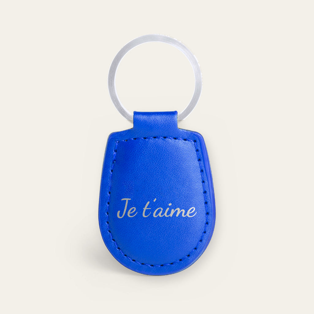 Porte-clés tonton personnalisé, gravé — exemple de gravure au verso, en option : « Je t’aime » (Bleu, dos supposé)