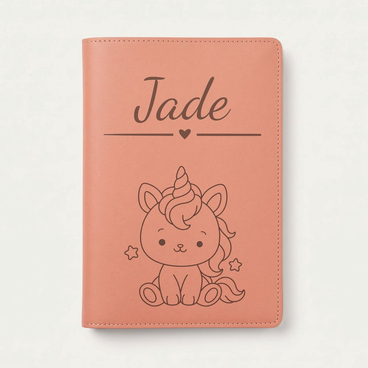 Protège carnet de santé bébé fille personnalisé – Licorne — Terracotta — gravure « Jade »