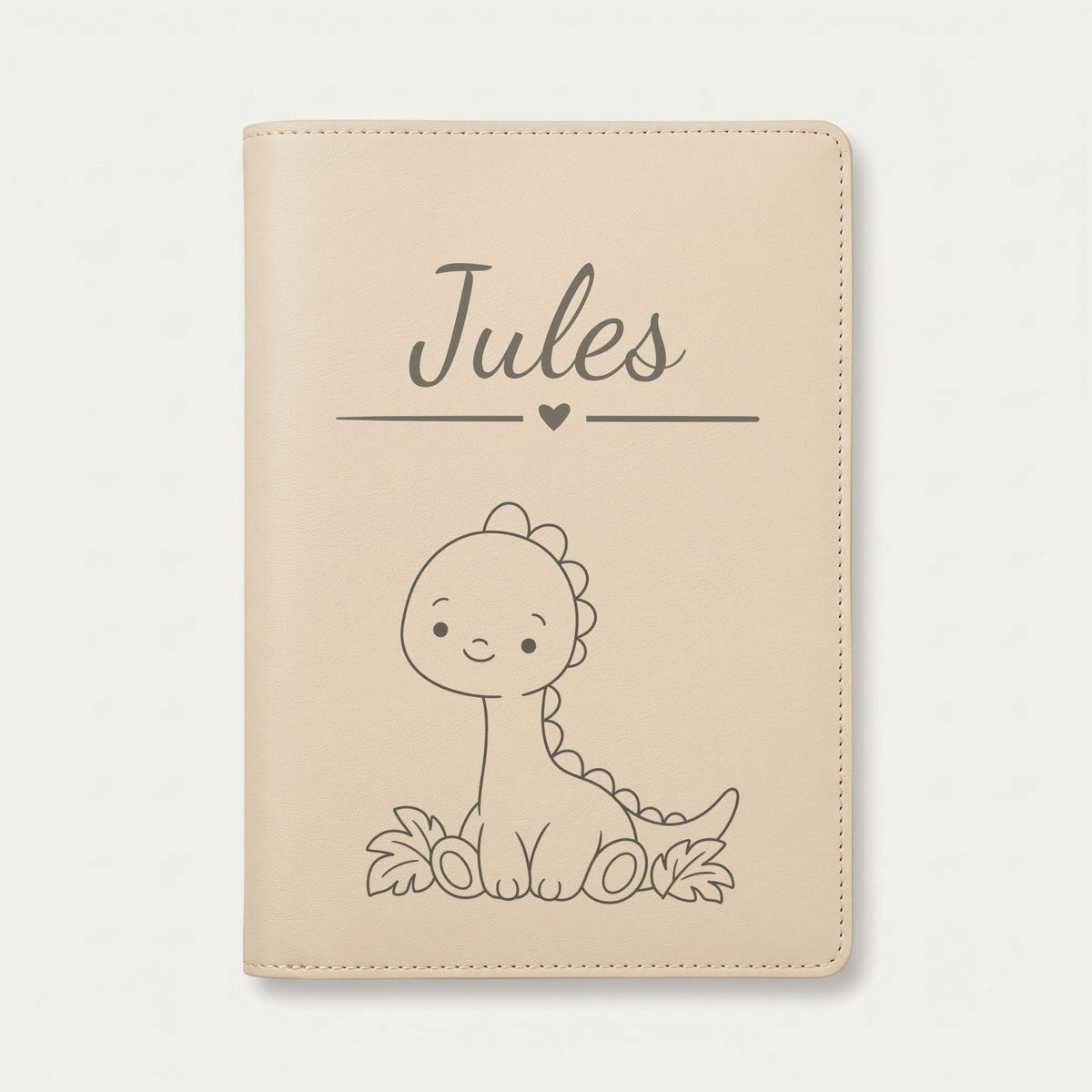 Protège carnet de santé bébé garçon personnalisé – Dinosaure — Crème vanille — gravure « Jules »