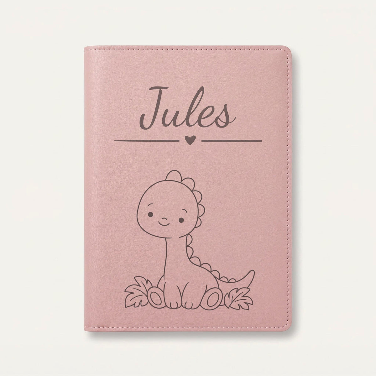 Protège carnet de santé bébé garçon personnalisé – Dinosaure — Rose dragée — gravure « Jules »