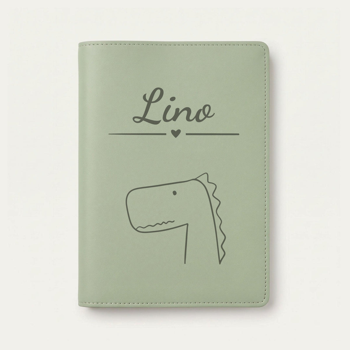 Protège carnet de santé bébé personnalisé – Dinosaure à crête — Vert sauge — gravure « Lino »