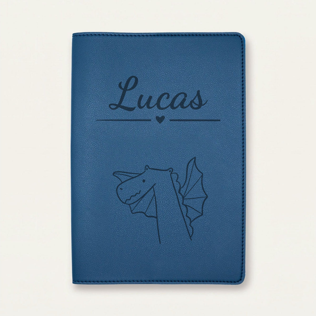 Protège carnet de santé bébé personnalisé – Dragon — Bleu nuit — gravure « Lucas »