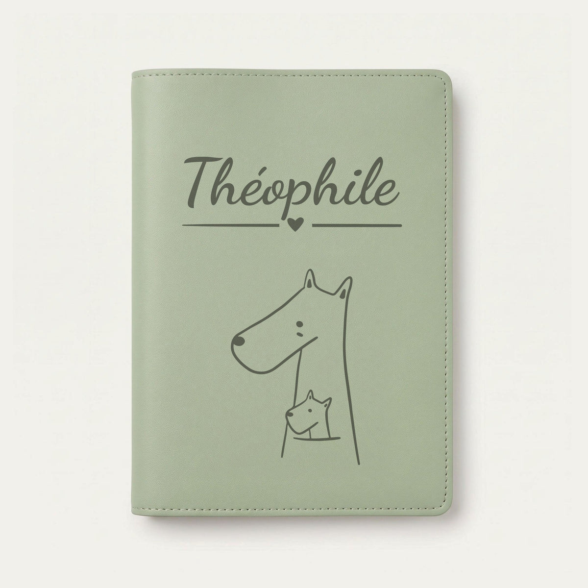 Protège carnet de santé bébé personnalisé – Kangourou et son petit — Vert sauge — gravure « Théophile »