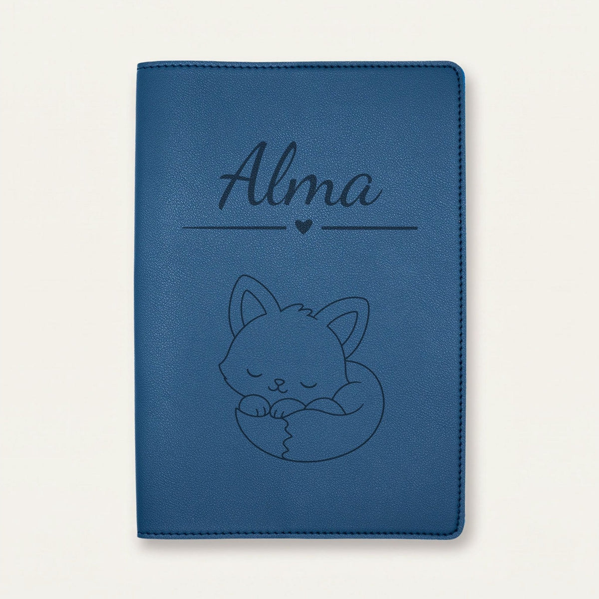 Protège carnet de santé bébé personnalisé – Renard — Bleu nuit — gravure « Alma »