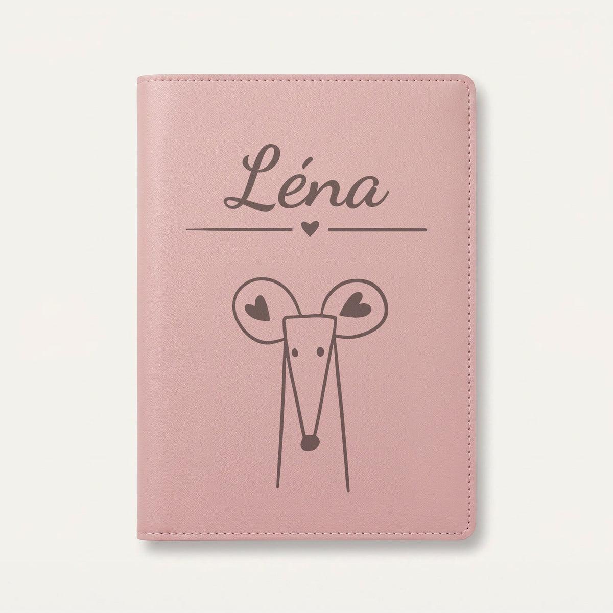 Protège carnet de santé bébé personnalisé – Souris aux oreilles cœur — Rose dragée — gravure « Léna »
