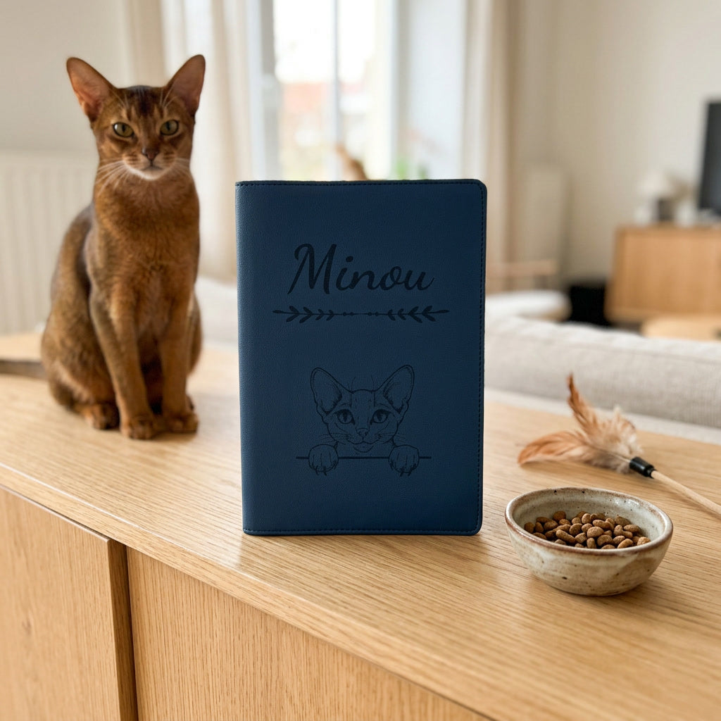 Protège carnet de santé chat personnalisé – Abyssin — fermé, gravé « Minou », sur un meuble de salon, un abyssin assis à côté (visuel de mise en scène, coloris Bleu nuit)