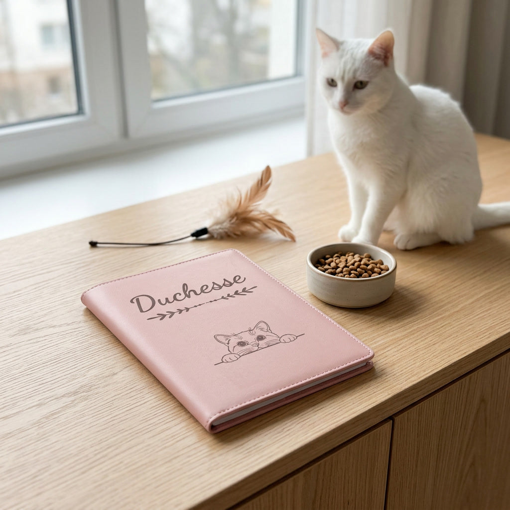 Protège carnet de santé chat personnalisé – Blanc — fermé, gravé « Duchesse », sur un meuble de salon, un chat blanc assis à côté (visuel de mise en scène, coloris Rose dragée)