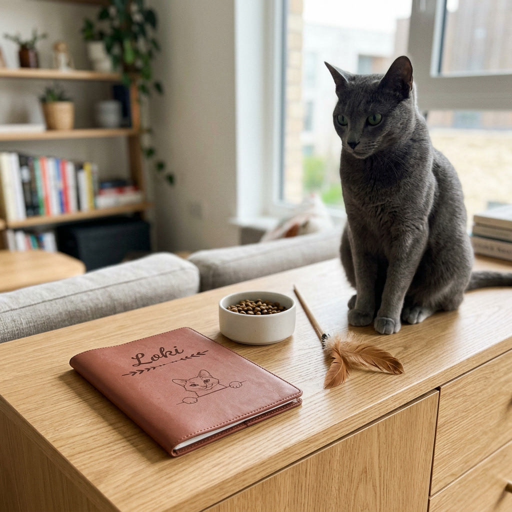 Protège carnet de santé chat personnalisé – Bleu russe — fermé, gravé « Loki », sur un meuble de salon, un bleu russe assis à côté (visuel de mise en scène, coloris Chocolat)