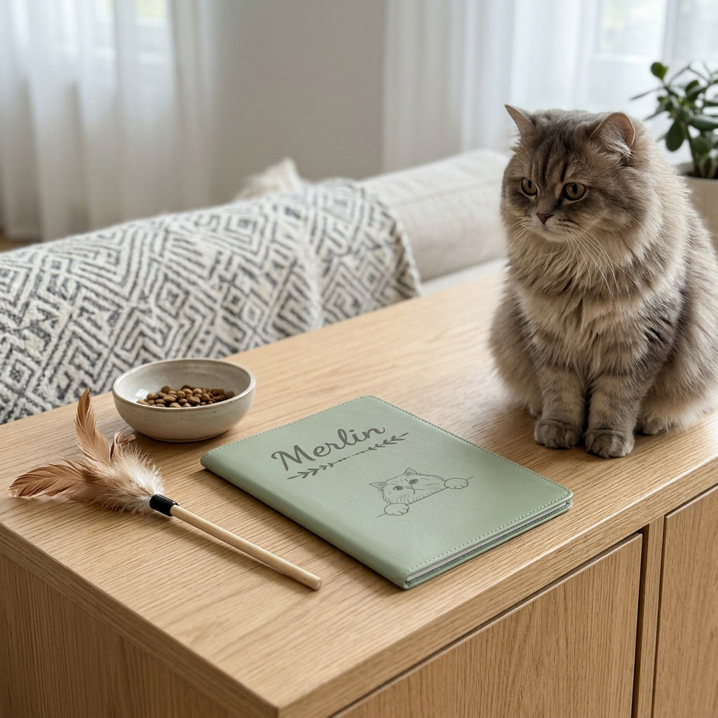 Protège carnet de santé chat personnalisé – British longhair — fermé, gravé « Merlin », sur un meuble de salon, un british longhair assis à côté (visuel de mise en scène, coloris Vert sauge)