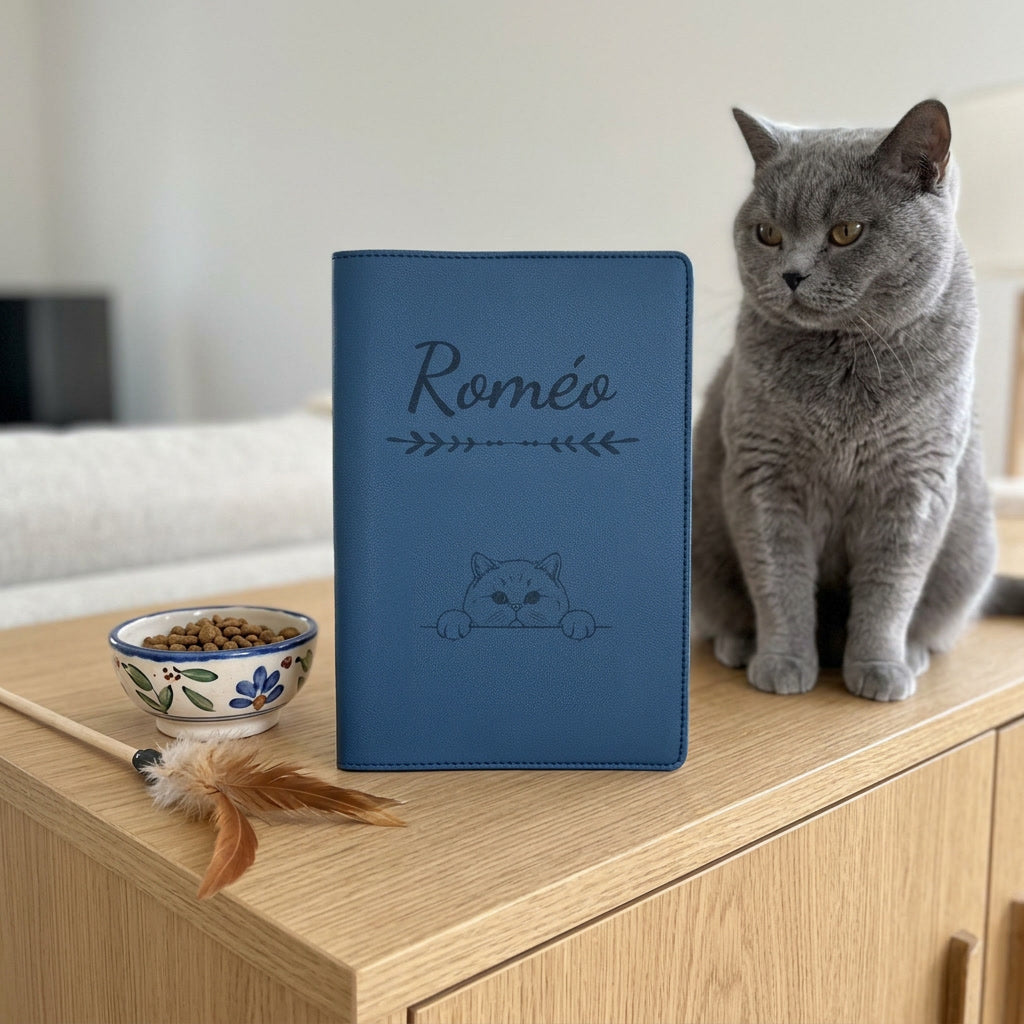 Protège carnet de santé chat personnalisé – British shorthair — fermé, gravé « Roméo », sur un meuble de salon, un british shorthair assis à côté (visuel de mise en scène, coloris Bleu nuit)
