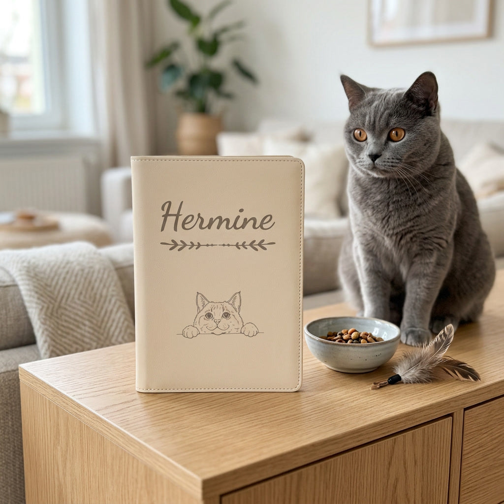 Protège carnet de santé chat personnalisé – Chartreux — fermé, gravé « Hermine », sur un meuble de salon, un chartreux assis à côté (visuel de mise en scène, coloris Crème vanille)