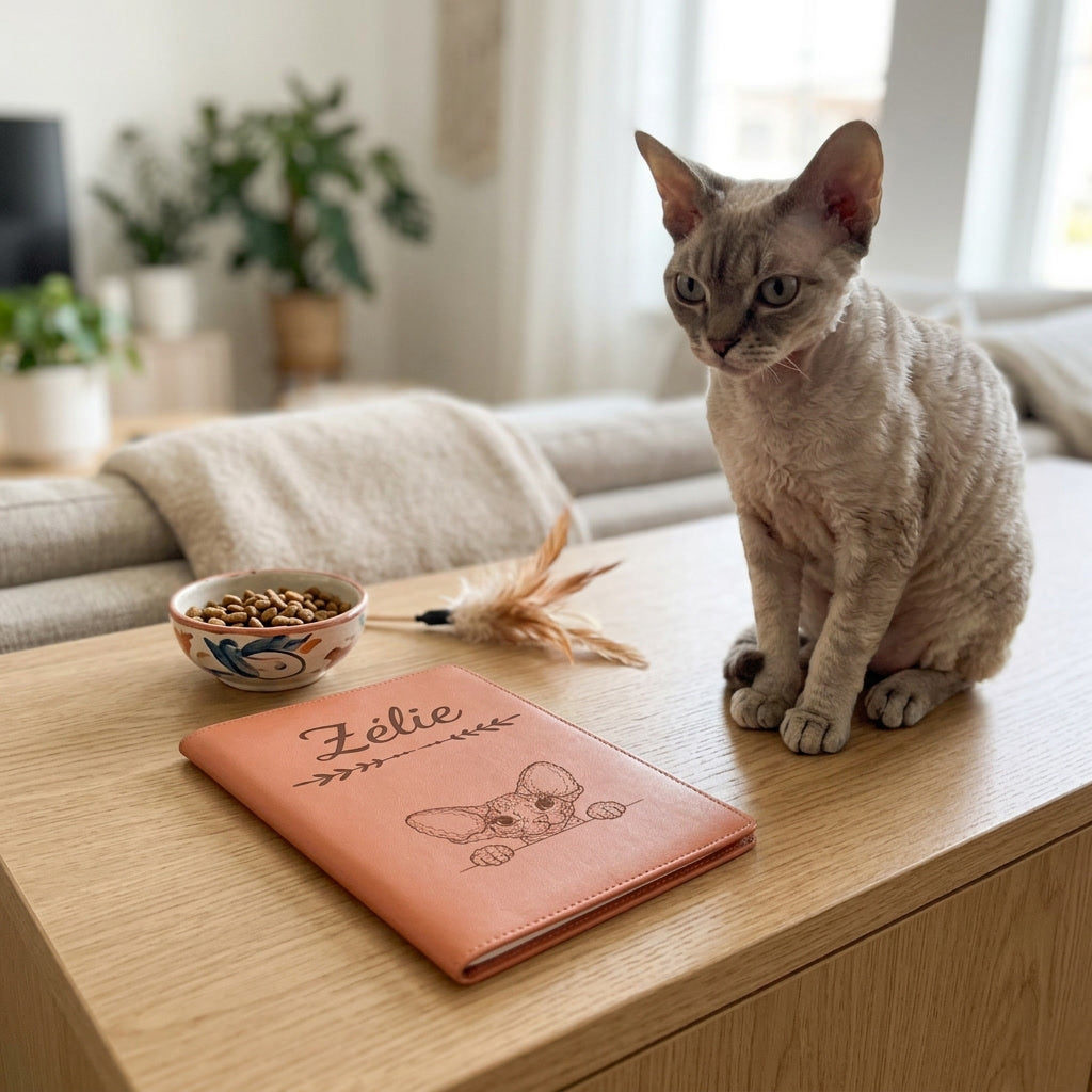 Protège carnet de santé chat personnalisé – Devon rex — fermé, gravé « Zélie », sur un meuble de salon, un devon rex assis à côté (visuel de mise en scène, coloris Terracotta)