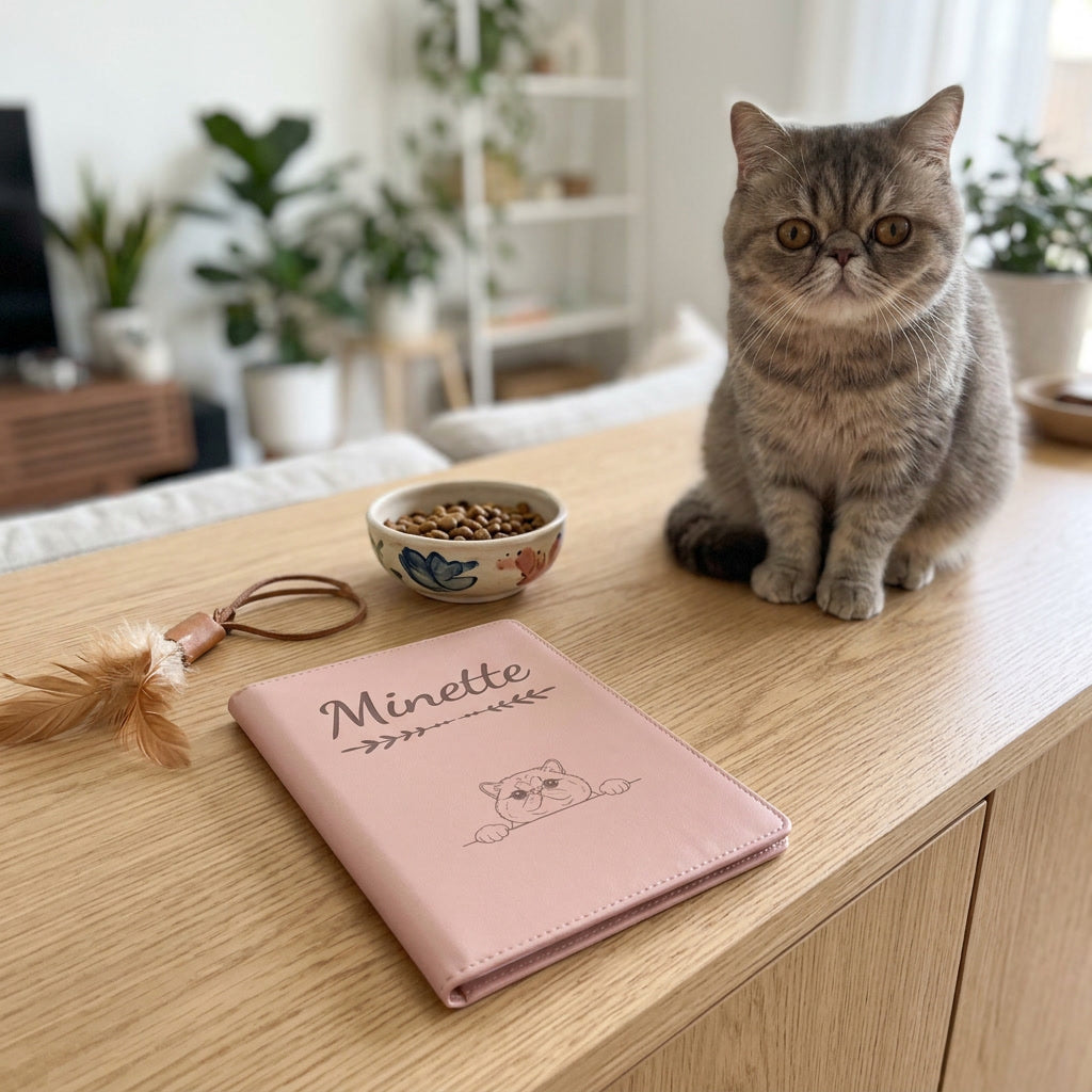 Protège carnet de santé chat personnalisé – Exotic shorthair — fermé, gravé « Minette », sur un meuble de salon, un exotic shorthair assis à côté (visuel de mise en scène, coloris Rose dragée)