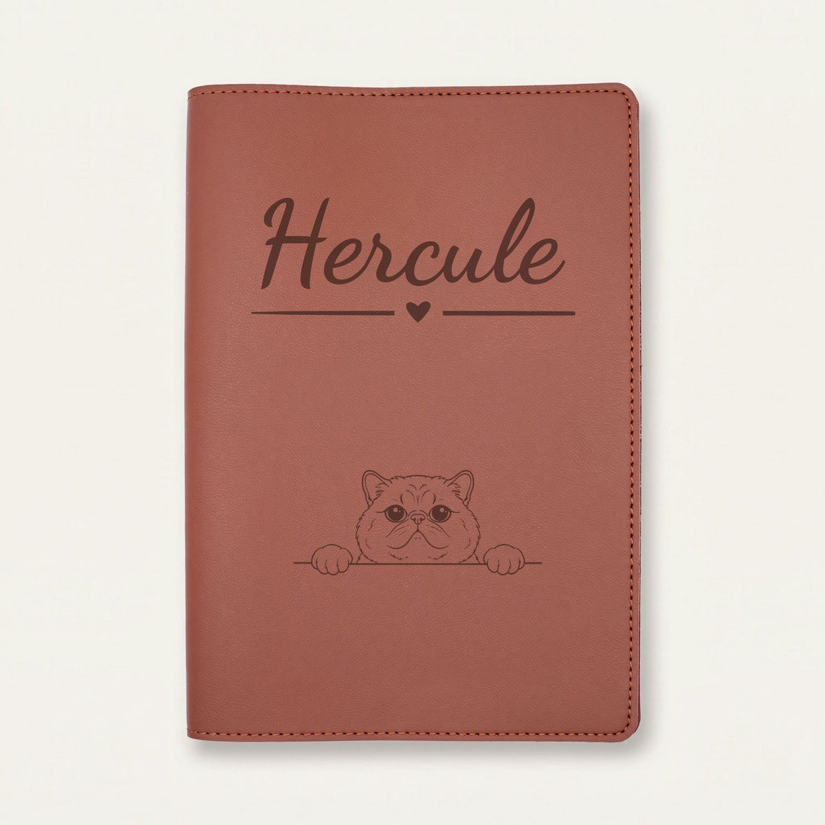Protège carnet de santé chat personnalisé – Exotic shorthair — Chocolat — Cœur — gravure « Hercule »