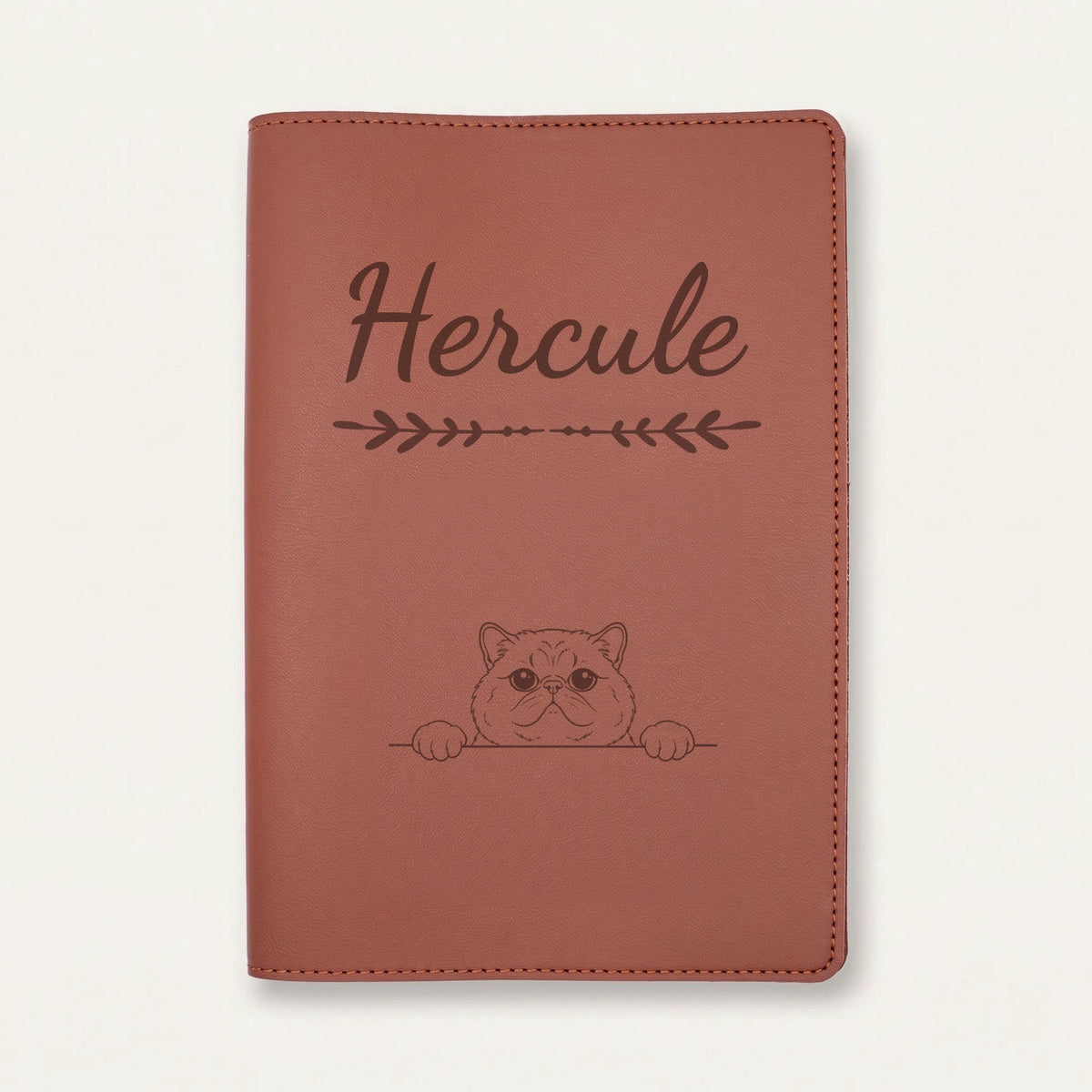 Protège carnet de santé chat personnalisé – Exotic shorthair — Chocolat — Flèche — gravure « Hercule »