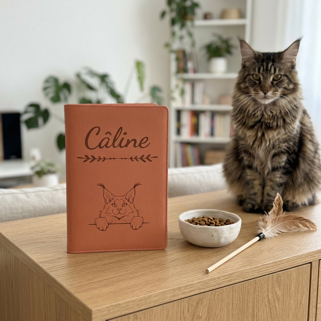 Protège carnet de santé chat personnalisé – Maine coon — fermé, gravé « Câline », sur un meuble de salon, un maine coon assis à côté (visuel de mise en scène, coloris Terracotta)