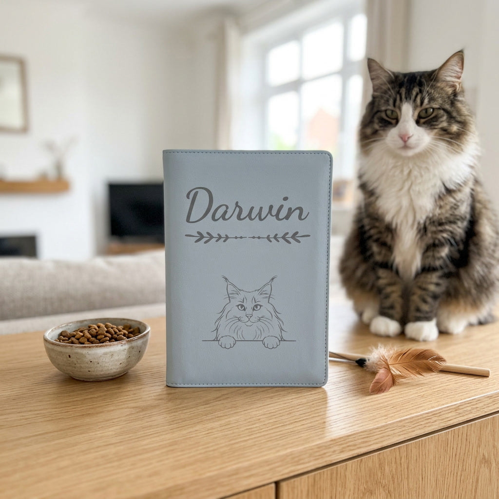 Protège carnet de santé chat personnalisé – Norvégien — fermé, gravé « Darwin », sur un meuble de salon, un norvégien assis à côté (visuel de mise en scène, coloris Bleu nuage)
