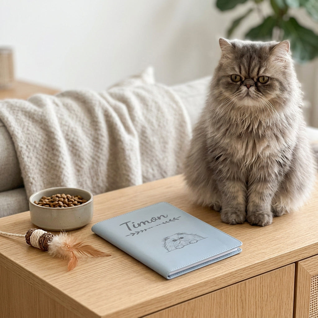 Protège carnet de santé chat personnalisé – Persan — fermé, gravé « Timon », sur un meuble de salon, un persan assis à côté (visuel de mise en scène, coloris Bleu nuage)