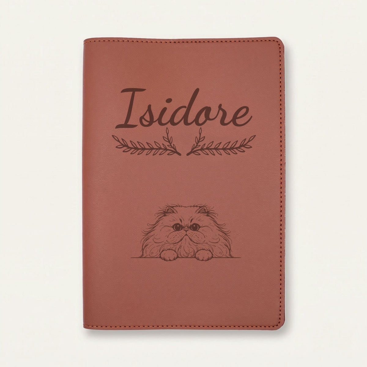 Protège carnet de santé chat personnalisé – Persan — Chocolat — Bouquet — gravure « Isidore »