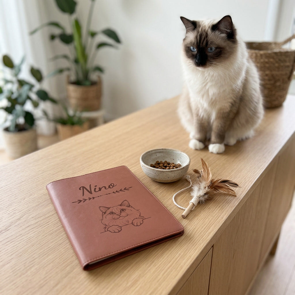 Protège carnet de santé chat personnalisé – Ragdoll — fermé, gravé « Nino », sur un meuble de salon, un ragdoll assis à côté (visuel de mise en scène, coloris Chocolat)