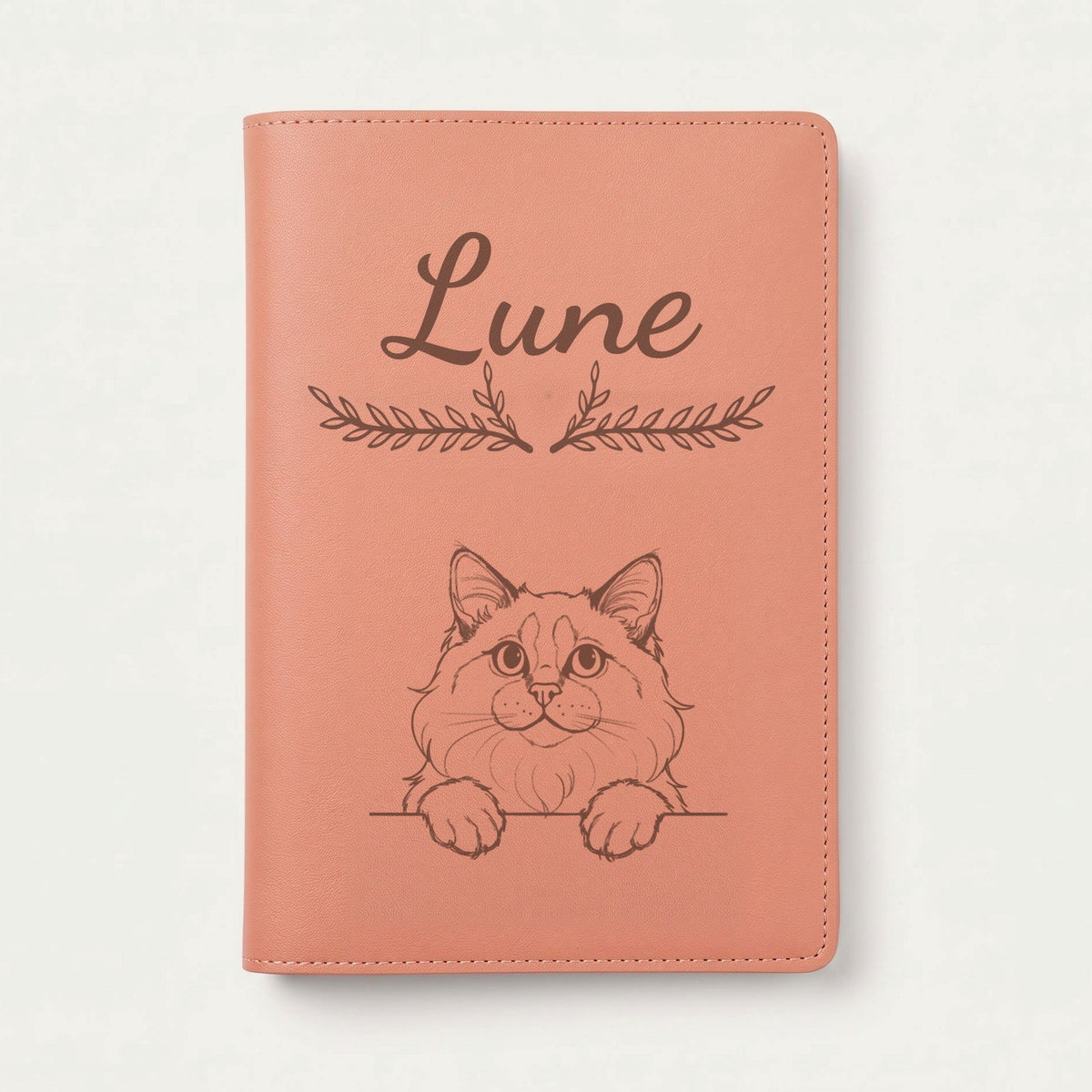Protège carnet de santé chat personnalisé – Ragdoll — Terracotta — Bouquet — gravure « Lune »