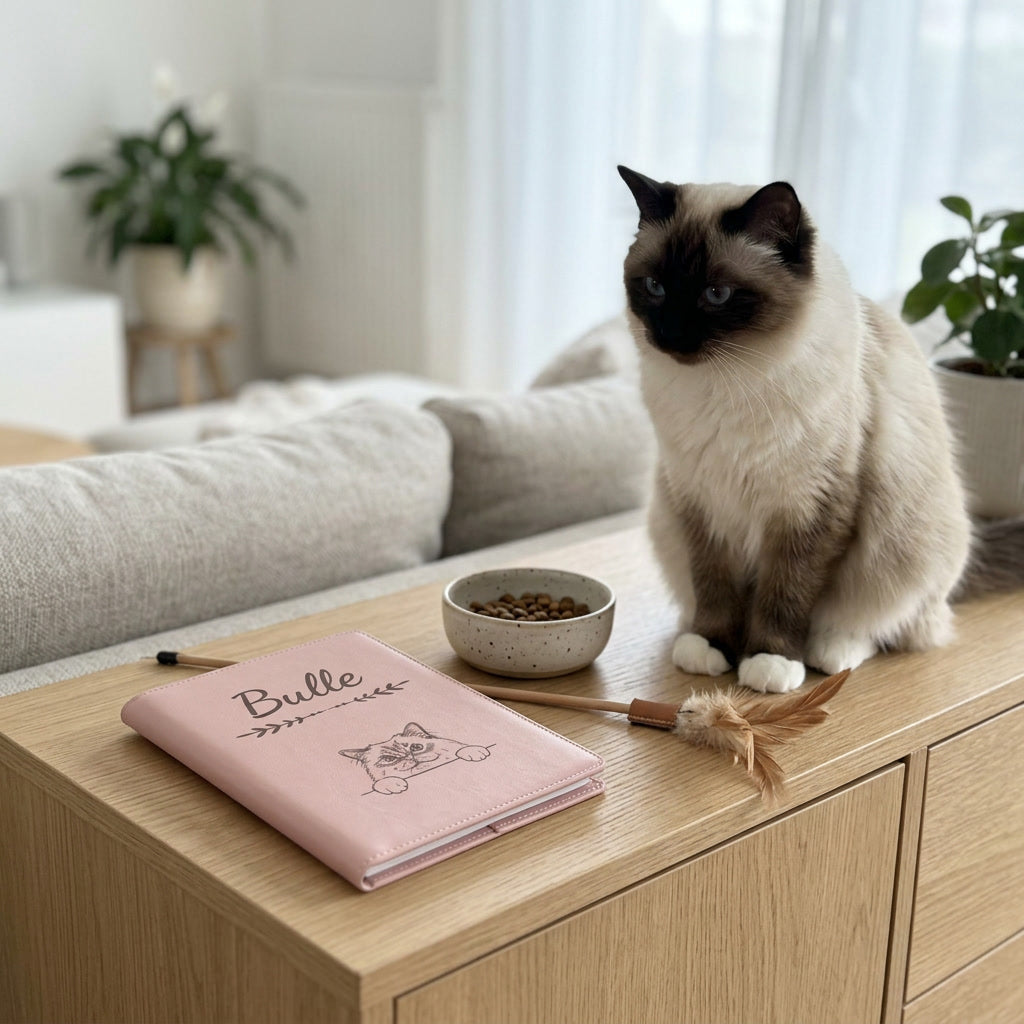Protège carnet de santé chat personnalisé – Sacré de Birmanie — fermé, gravé « Bulle », sur un meuble de salon, un sacré de Birmanie assis à côté (visuel de mise en scène, coloris Rose dragée)