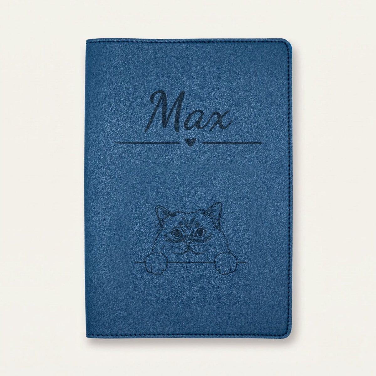 Protège carnet de santé chat personnalisé – Sacré de Birmanie — Bleu nuit — Cœur — gravure « Max »