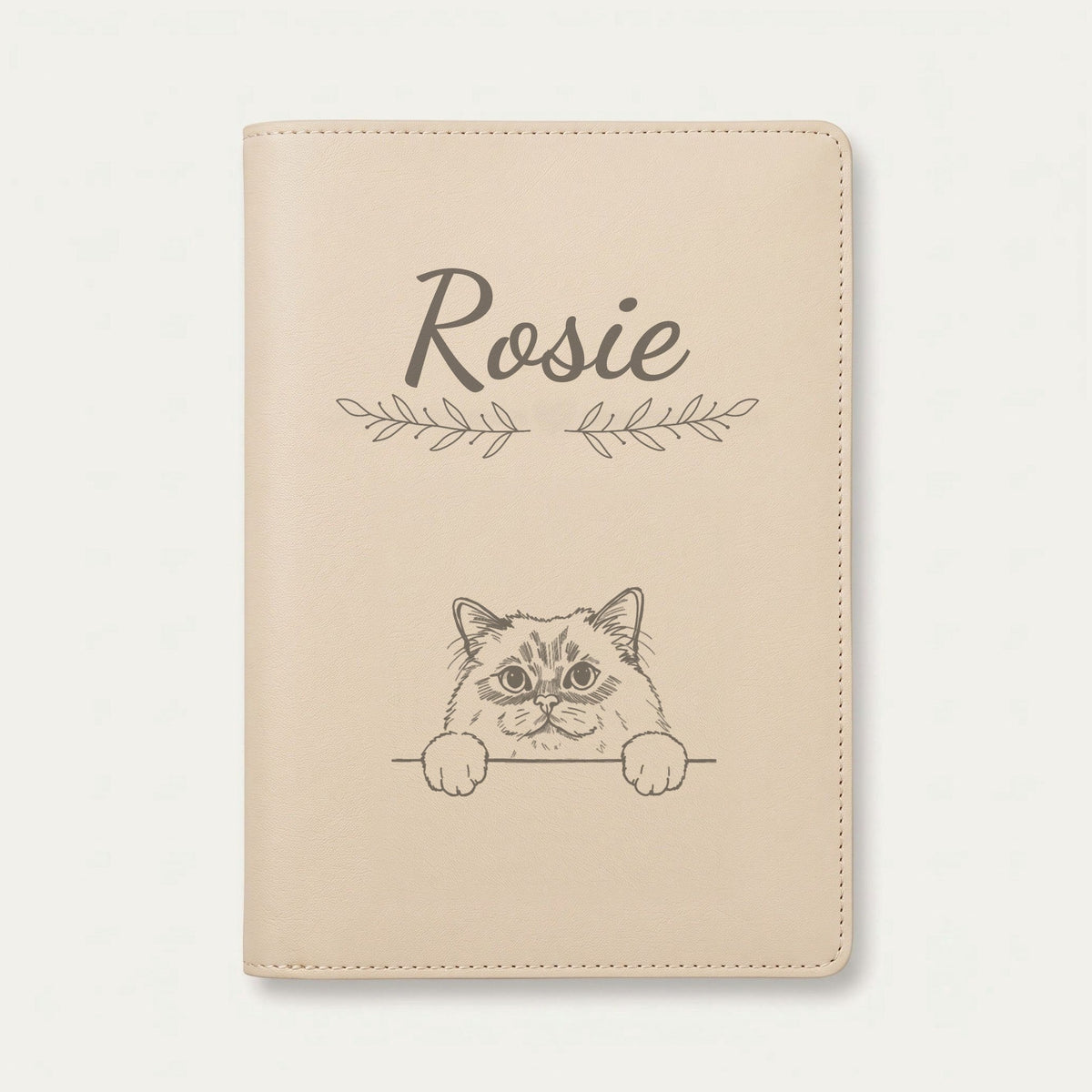 Protège carnet de santé chat personnalisé – Sacré de Birmanie — Crème vanille — Rameaux — gravure « Rosie »