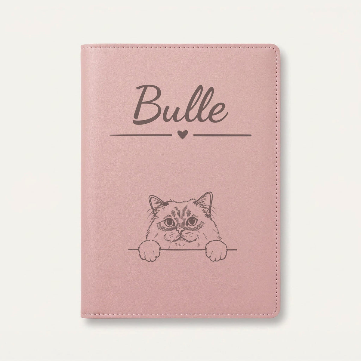 Protège carnet de santé chat personnalisé – Sacré de Birmanie — Rose dragée — Cœur — gravure « Bulle »