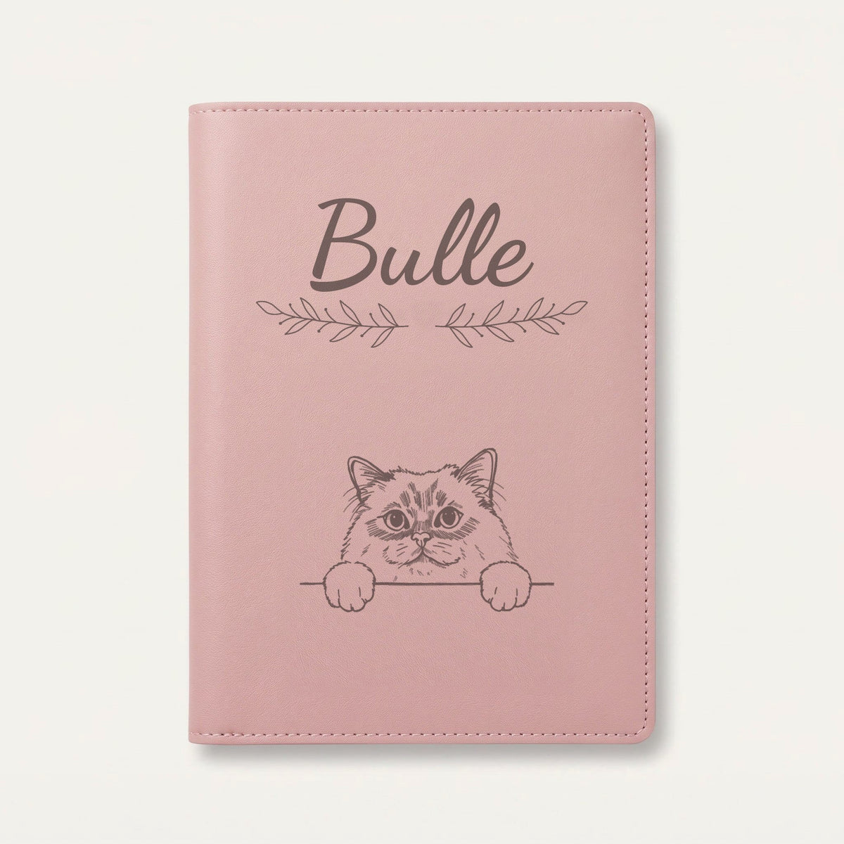 Protège carnet de santé chat personnalisé – Sacré de Birmanie — Rose dragée — Rameaux — gravure « Bulle »