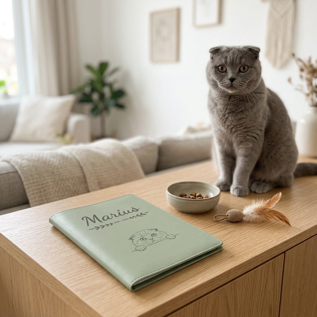 Protège carnet de santé chat personnalisé – Scottish fold — fermé, gravé « Marius », sur un meuble de salon, un scottish fold assis à côté (visuel de mise en scène, coloris Vert sauge)