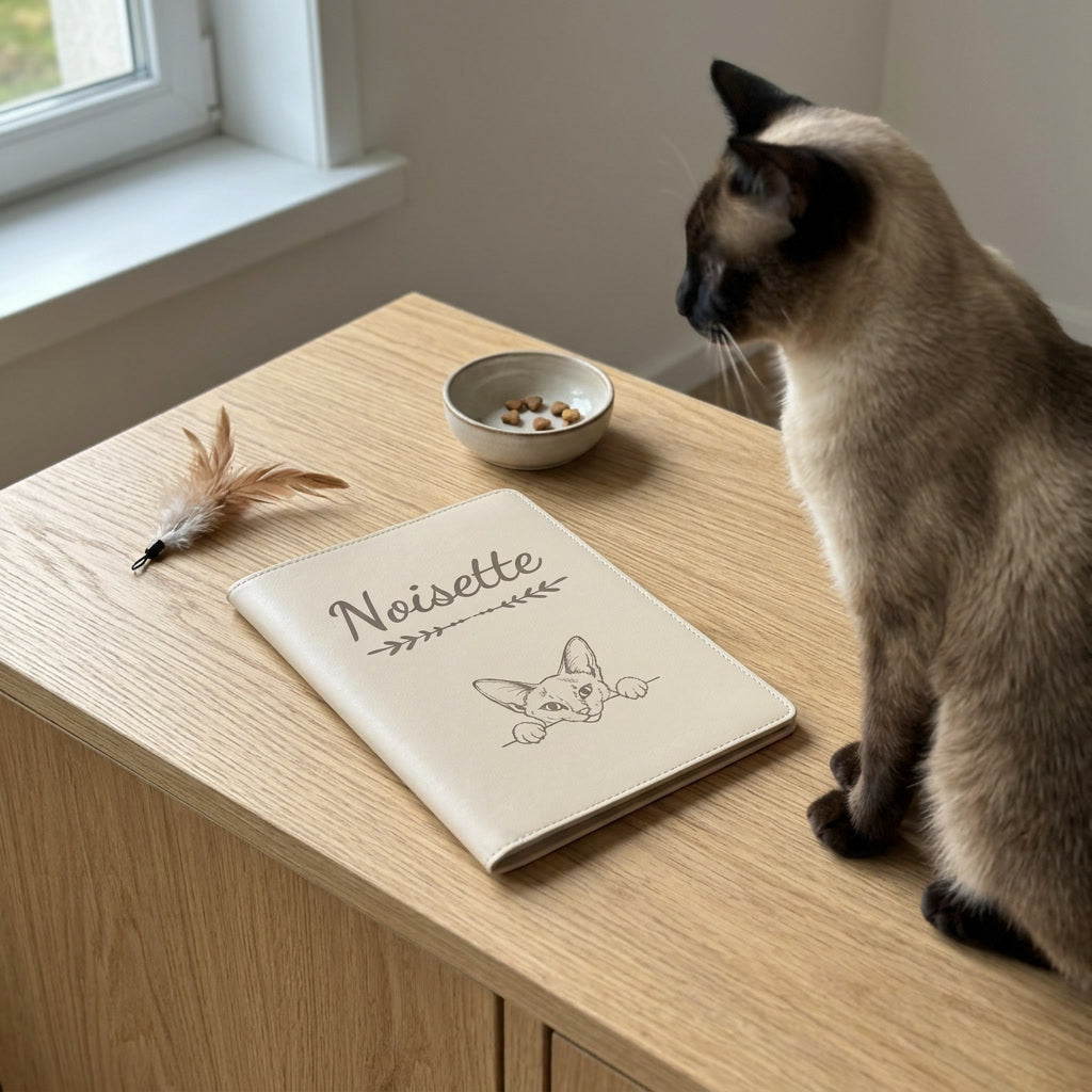Protège carnet de santé chat personnalisé – Siamois — fermé, gravé « Noisette », sur un meuble de salon, un siamois assis à côté (visuel de mise en scène, coloris Crème vanille)
