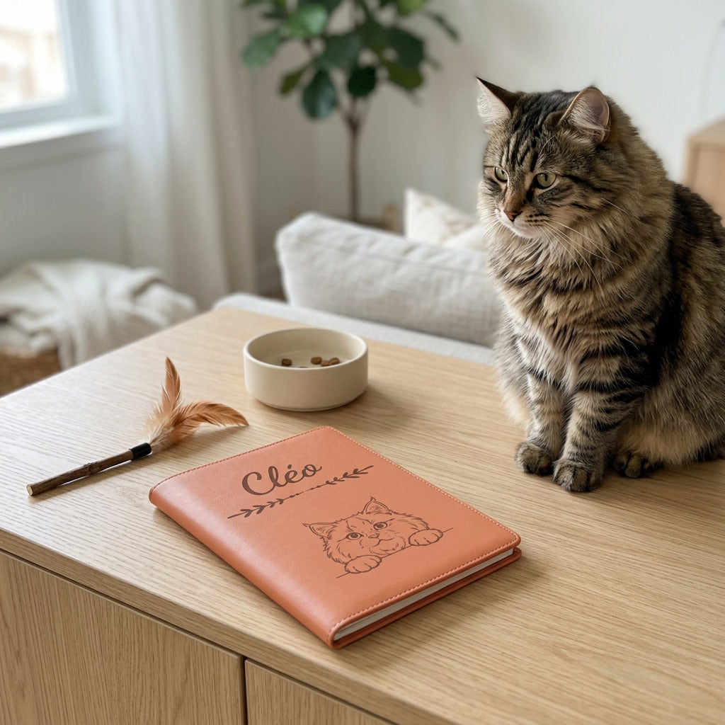 Protège carnet de santé chat personnalisé – Sibérien — fermé, gravé « Cléo », sur un meuble de salon, un sibérien assis à côté (visuel de mise en scène, coloris Terracotta)